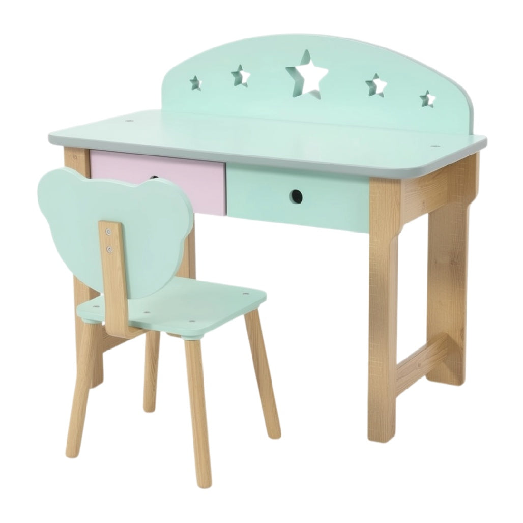 **Bureau d'enfants en bois avec siège assorti et design étoilé**