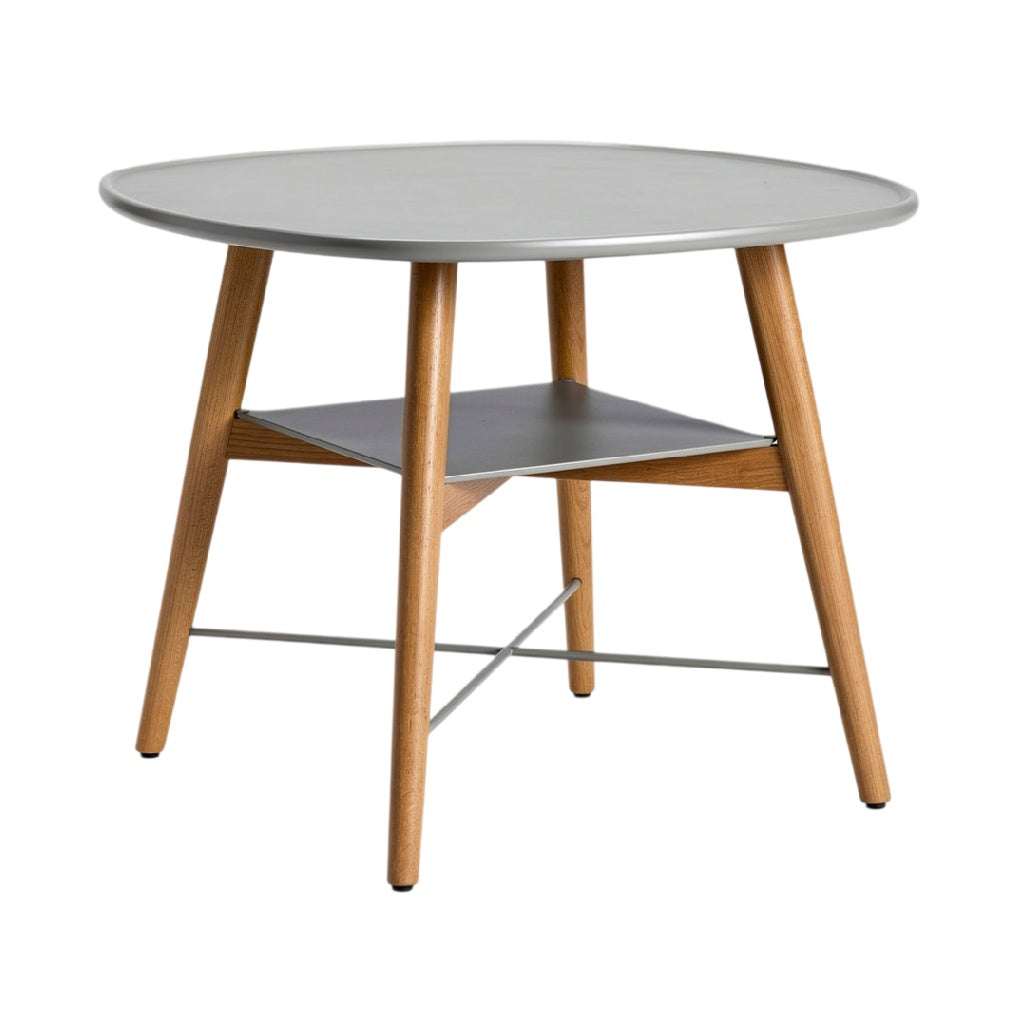 **Table ronde moderne en bois et métal avec étagère**